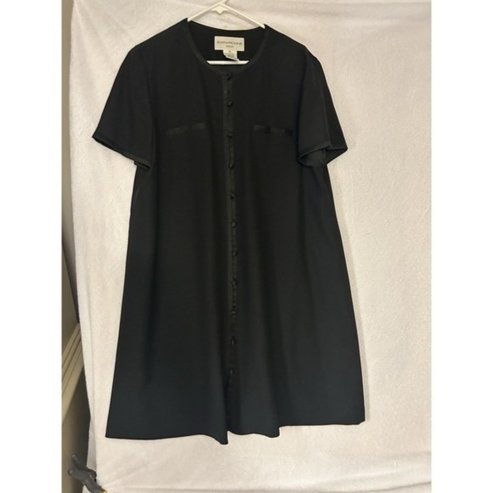 Evan-Picone Black Button Front Shift Dress Short Sleeve Satin Trim Size 14 - Picture 13 of 14